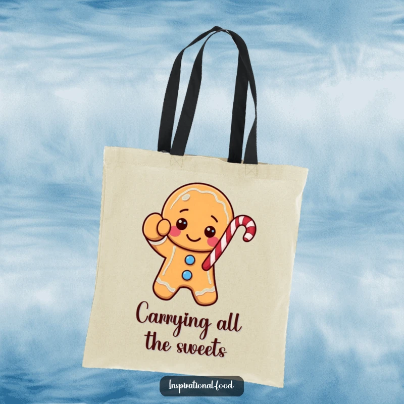 Funny gingerbread cookie character tote bag, holding a big candy cane with a friendly wave, perfect for holiday shopping.