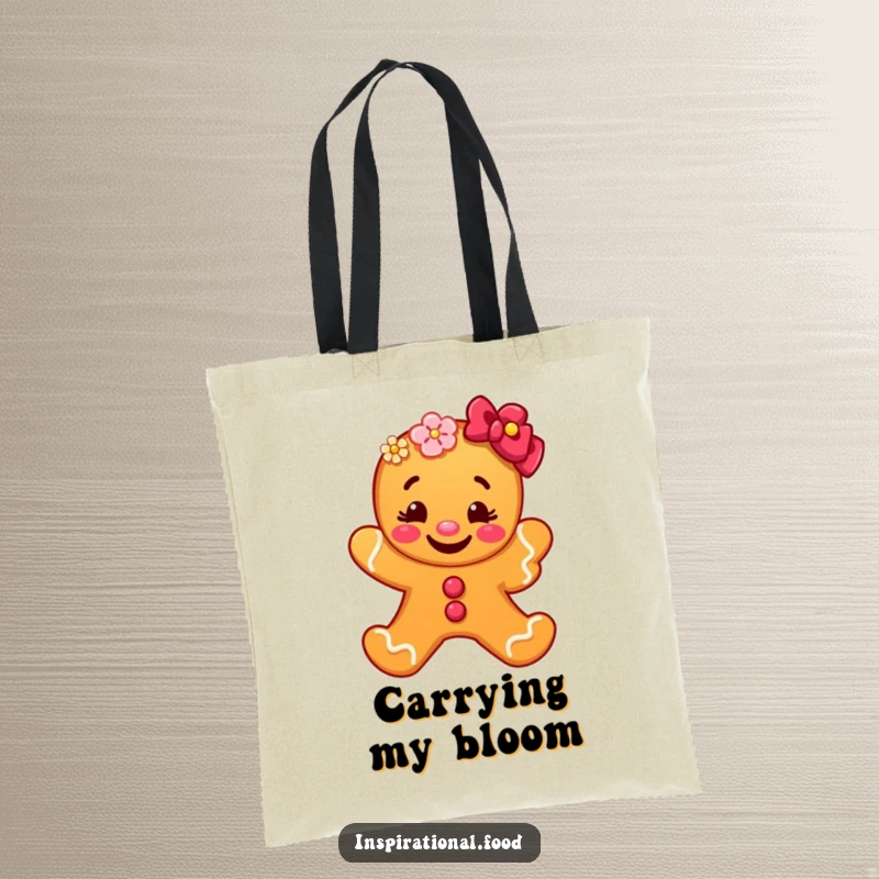 Funny gingerbread man tote bag with a happy grin, carrying a colorful bloom, perfect for errands and spreading humorous, sweet vibes.