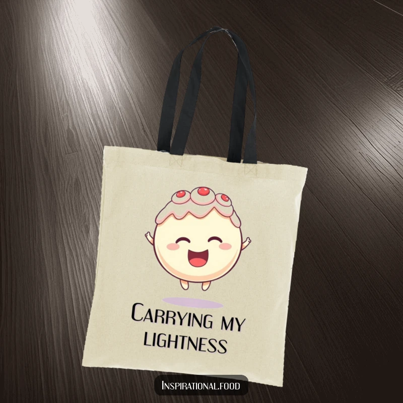 Funny tote bag featuring a round cake character levitating with a delighted expression, perfect for carrying essentials with sweet magic.