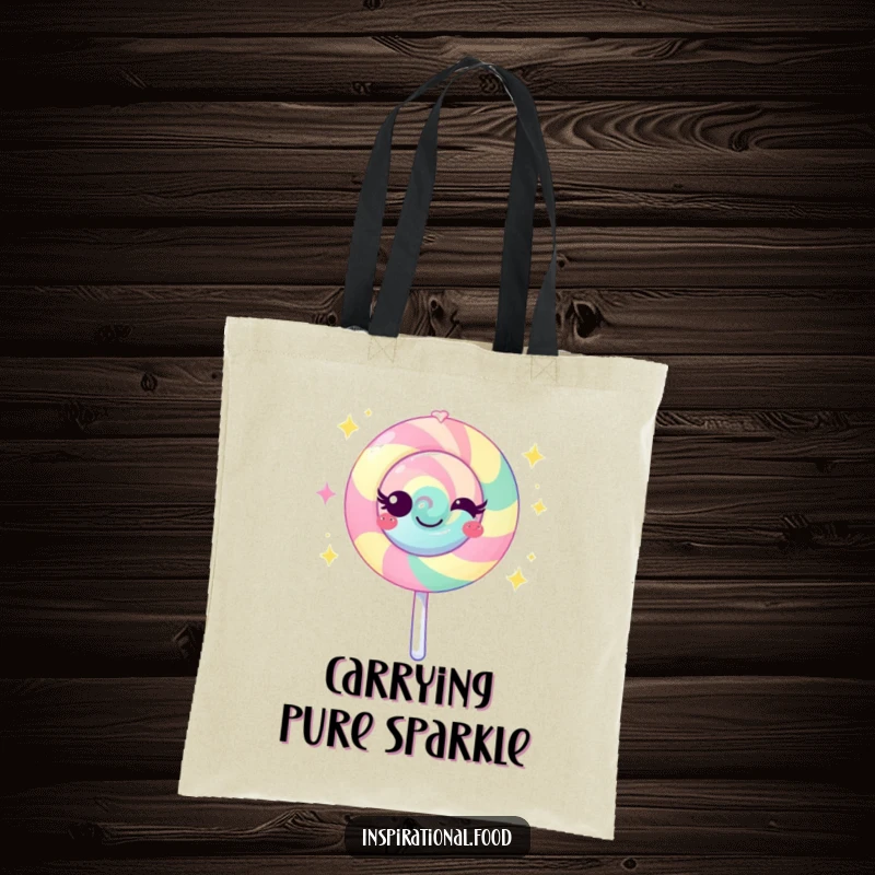 Funny lollipop tote bag depicting a vibrant character emanating sweet sparkles, perfect for stylishly carrying your belongings.