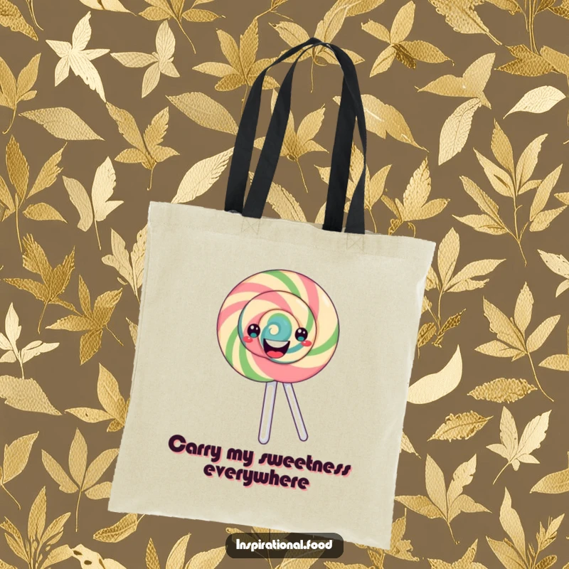 Funny lollipop tote bag featuring a happy, merrily spinning swirl design, excellent for carrying groceries with a touch of candy humor.