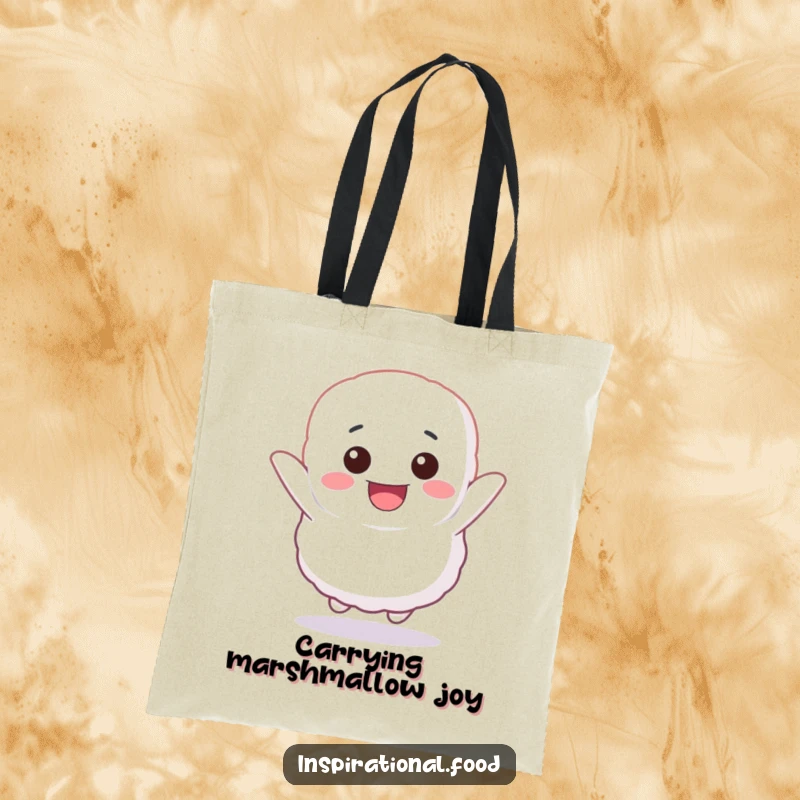 Funny tote bag featuring a fluffy marshmallow character bouncing gleefully, ideal for carrying items with a dose of pure happiness.