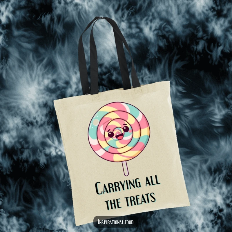 Funny Lollipop Tote Bag with a happy, spinning lollipop and a colorful swirling pattern, a cheerful and practical accessory.