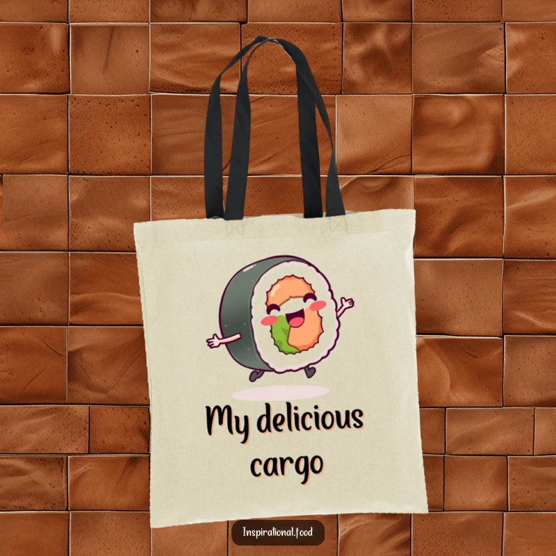 Funny sushi roll with tiny legs skipping on a tote bag, a cheerful and practical accessory.