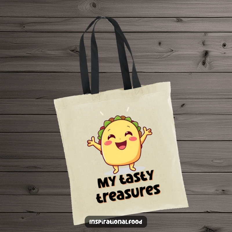 Funny celebratory taco with its shell wide open on a tote bag, a festive and practical accessory.