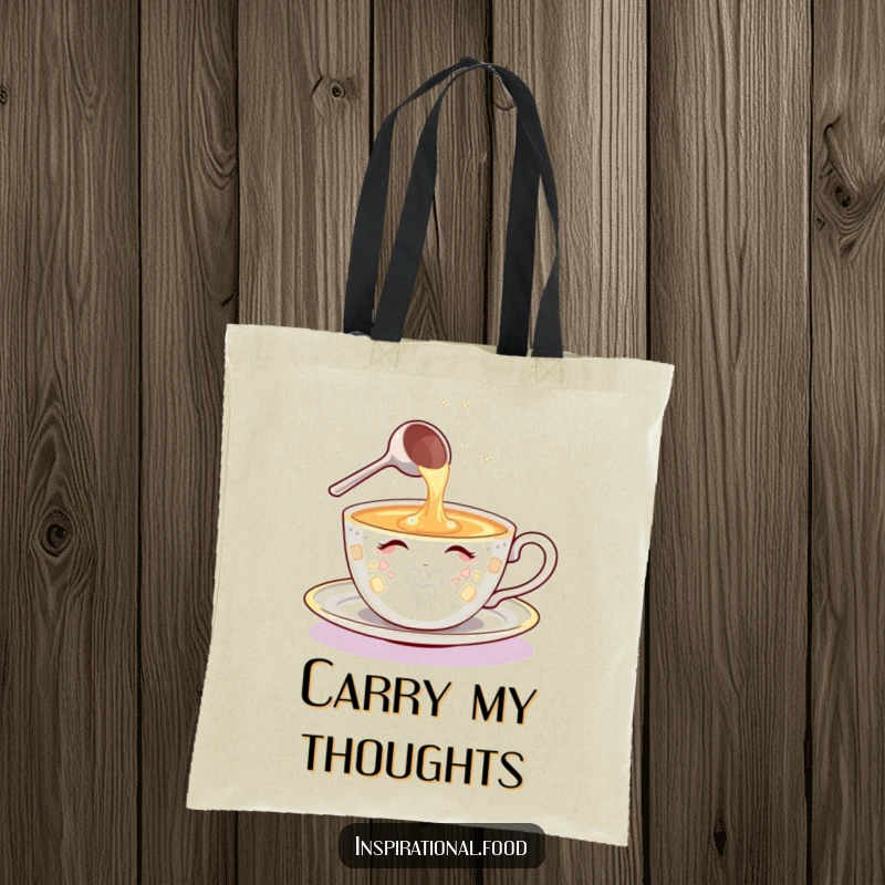 Funny tote bag featuring a shining teacup character and a sparkling ladle pouring a cascade of imaginative ideas, a functional accessory.