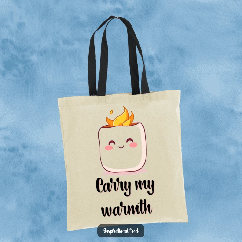 Funny Tote Bag: Features a cheerful marshmallow with a rosy blush being toasted, perfect for carrying essentials with cozy flair.