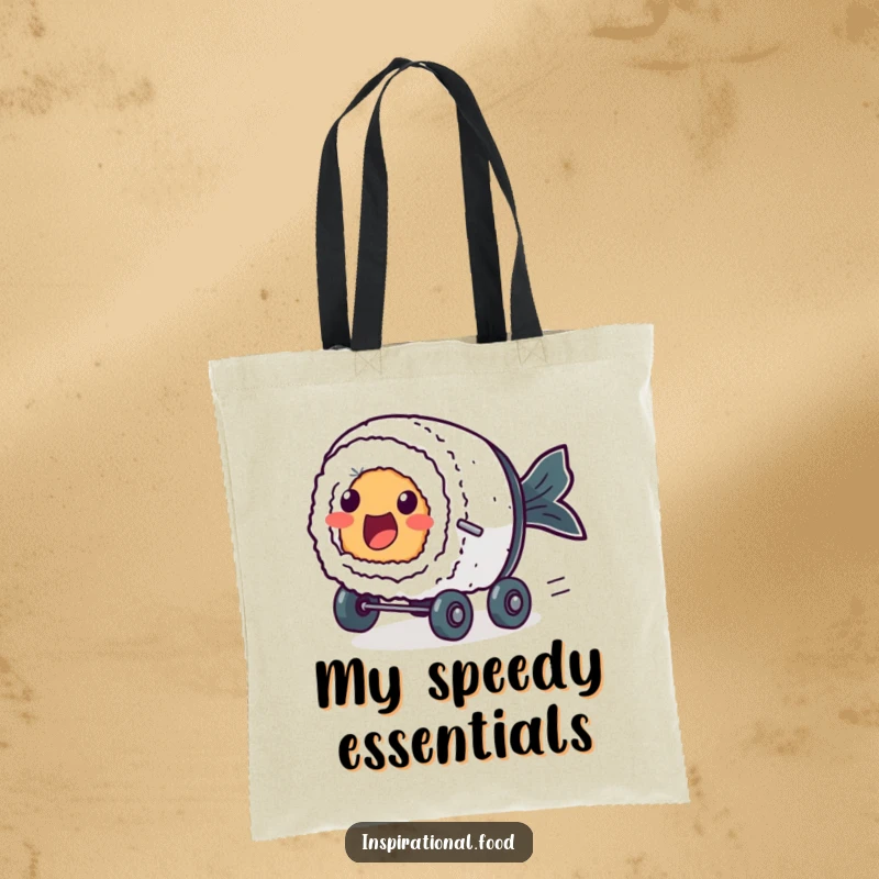 Funny tote bag featuring an excited sushi roll character with dot eyes, zooming along on tiny wheels.
