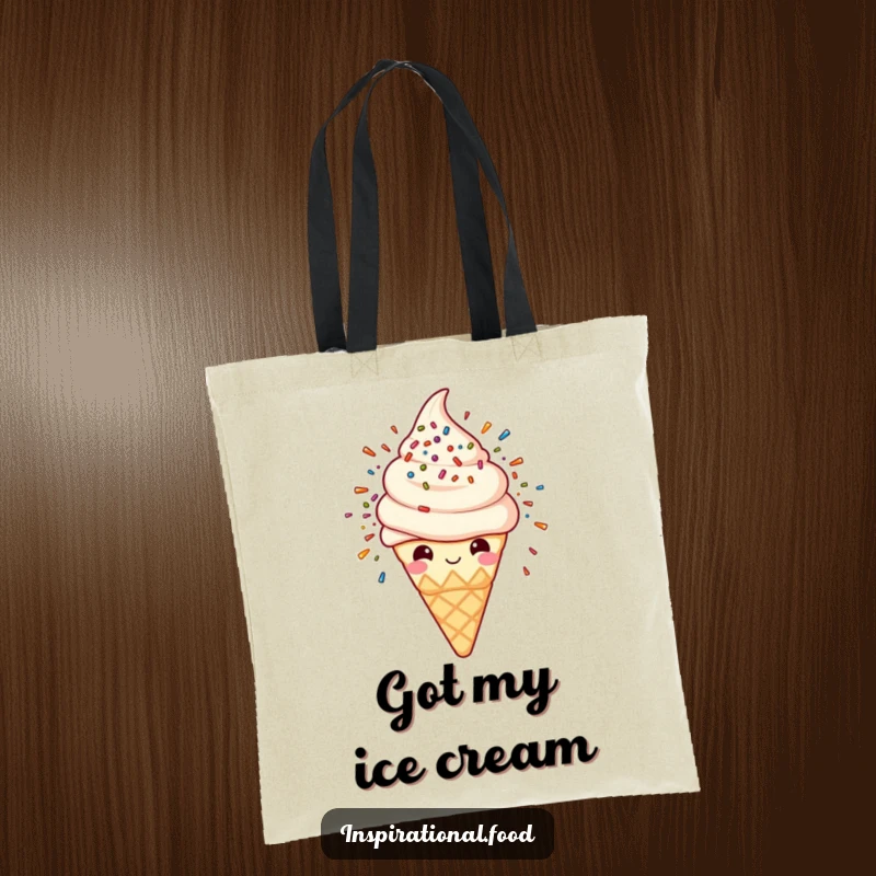 Funny tote bag featuring a smiling ice cream cone with a dazzling explosion of sprinkles, a sweet and practical accessory.
