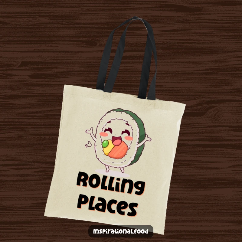 Funny sushi loop tote bag, a cheerful sushi roll character in a dynamic loop, ideal for grocery shopping or carrying everyday items with flair.