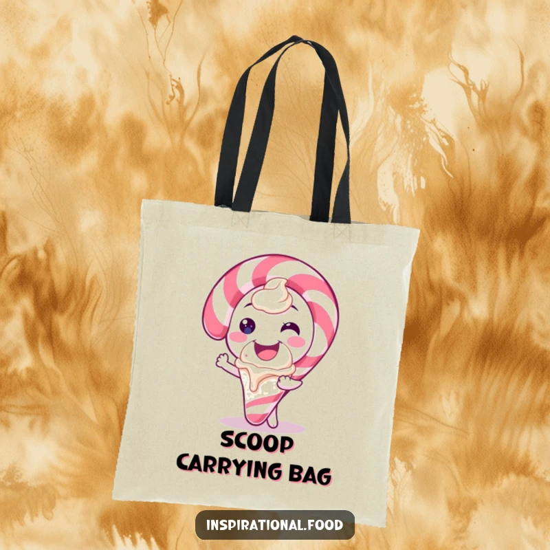Funny tote bag illustration of a candy cane character smiling widely and offering a scoop of ice cream, perfect for holiday shopping.