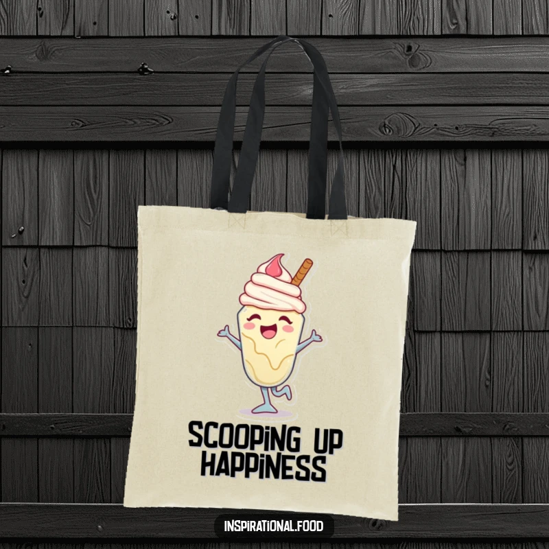 Funny ice cream sundae tote bag featuring a joyful character caught mid-dance move, perfect for carrying essentials with a sweet and fun flair.