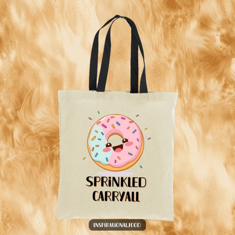 Funny tote bag illustration of a donut character with a happy swirl, giggling joyfully while being showered in sprinkles.