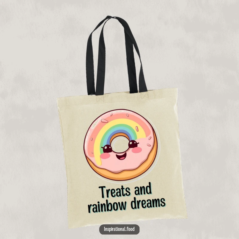 Funny tote bag illustrated with a beaming doughnut character, complete with a dazzling rainbow glaze, ready for any adventure.